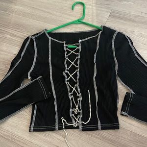 Black crop top, that u could tie with rhinestone strings